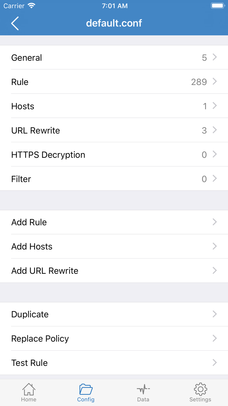 Shadowrocket公式のConfig設定編集画面。General、Rule、Hosts、URL Rewrite、HTTPS Decryption、Add Ruleを表示