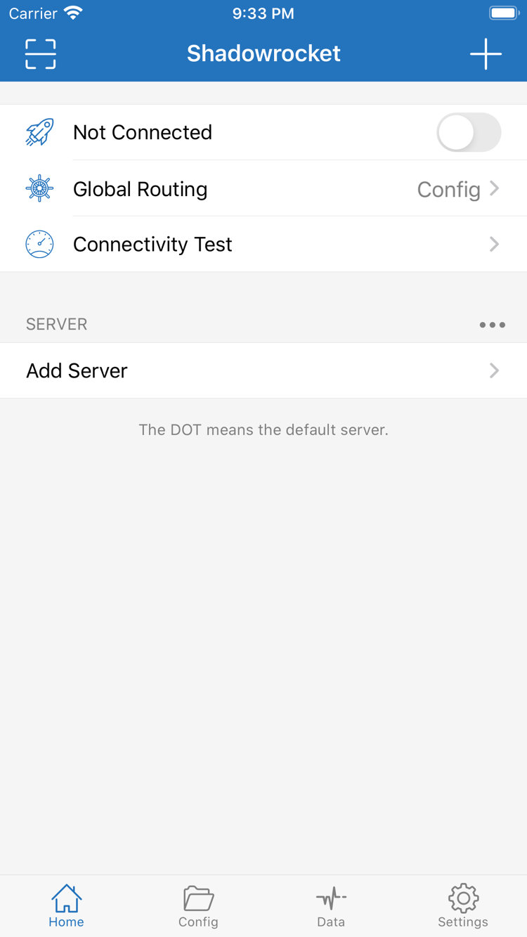 Shadowrocket 官方 Home 界面截图，显示连接状态与服务器入口