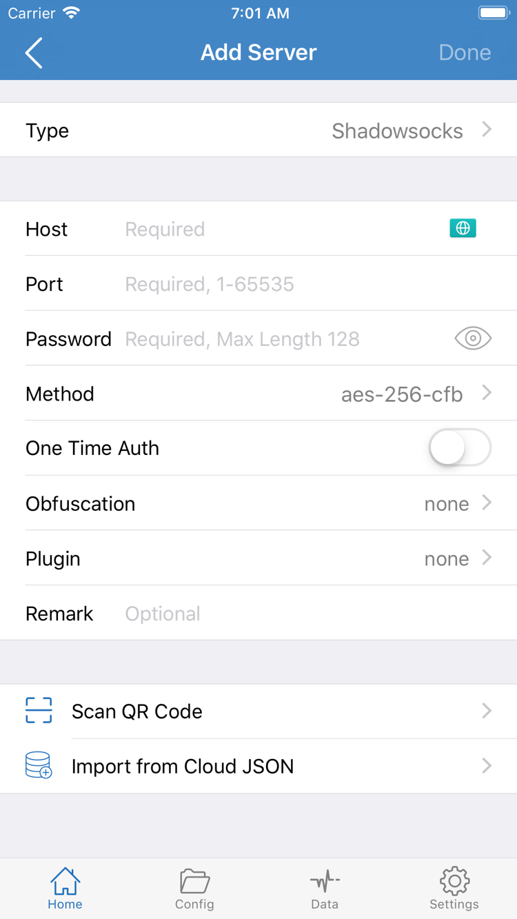 Shadowrocket公式のAdd Server画面。Type、Host、Port、Password、Methodとインポート項目を表示